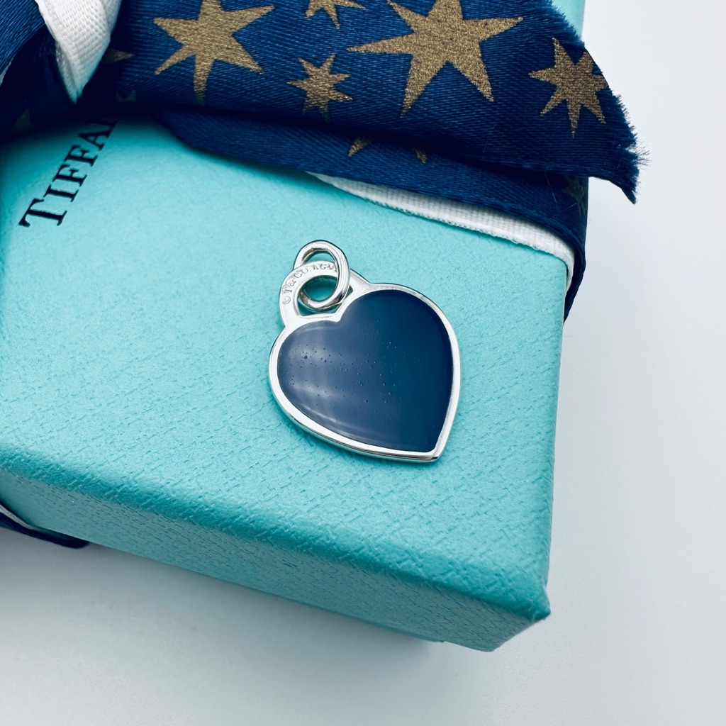 Tiffany & Co. Navy Blue Enamel Heart Charm In Silver With Packaging Retired